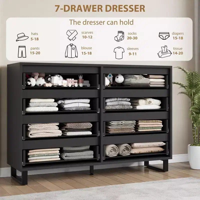 55 Wide 8 Drawer Dresser Freestanding Horizontal Storage Chest in Black for Bedroom, Living Room, Hallway & Entryway
