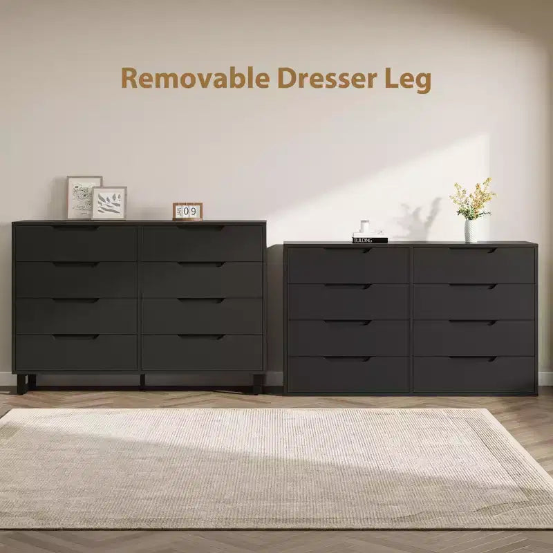 55 Wide 8 Drawer Dresser Freestanding Horizontal Storage Chest in Black for Bedroom, Living Room, Hallway & Entryway