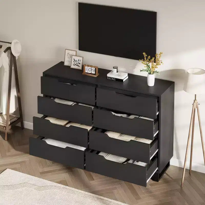 55 Wide 8 Drawer Dresser Freestanding Horizontal Storage Chest in Black for Bedroom, Living Room, Hallway & Entryway