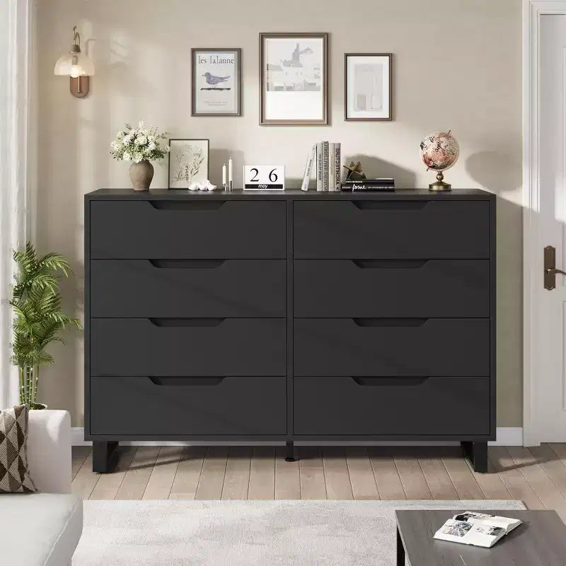 55 Wide 8 Drawer Dresser Freestanding Horizontal Storage Chest in Black for Bedroom, Living Room, Hallway & Entryway