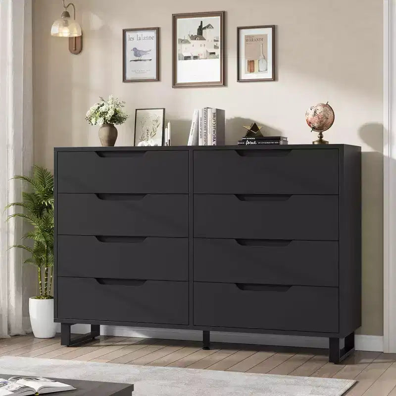 55 Wide 8 Drawer Dresser Freestanding Horizontal Storage Chest in Black for Bedroom, Living Room, Hallway & Entryway