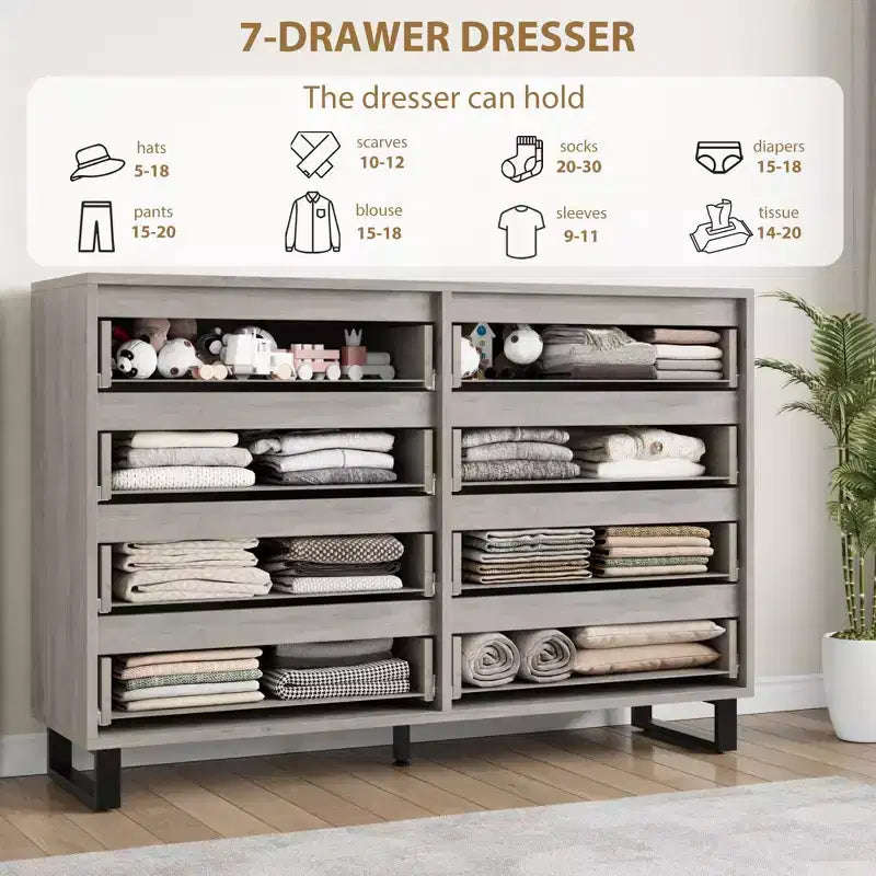 55 Wide 8 Drawer Dresser Freestanding Horizontal Storage Chest in Black for Bedroom, Living Room, Hallway & Entryway