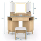Coiffeuse d'angle en bois naturel, Coiffeuse d'angle avec plateau en verre, Coiffeuse d'angle avec miroir, lumières et chaise