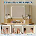 Coiffeuse d'angle en bois naturel, Coiffeuse d'angle avec plateau en verre, Coiffeuse d'angle avec miroir, lumières et chaise