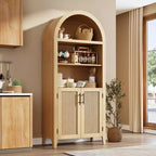63.2 Arched Bookcase with Doors - 5 Tier Open Display Shelf with Rattan Decor, Modern Bookshelf Storage Cabinet for Home Office Living Room Library