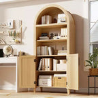63.2 Bibliothèque arquée avec portes - Étagère de présentation ouverte à 5 niveaux avec décor en rotin, Armoire de rangement bibliothèque moderne pour bureau à domicile, salon, bibliothèque