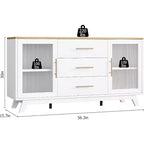 Buffet de rangement 56 po, Buffet avec portes en verre cannelé et poignées dorées, Meuble de bar à café pour cuisine, salle à manger, salon