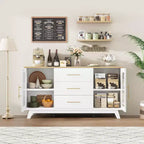 Buffet de rangement 56 po, Buffet avec portes en verre cannelé et poignées dorées, Meuble de bar à café pour cuisine, salle à manger, salon