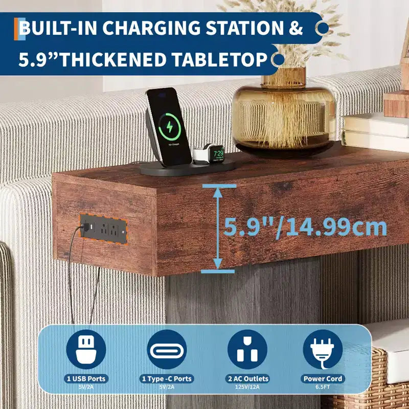 63 in Farmhouse Entryway Table with Storage & Charging Station, 2 Tier Narrow Console Table Behind Couch, Wooden Hallway Furniture for Entrance Foyer