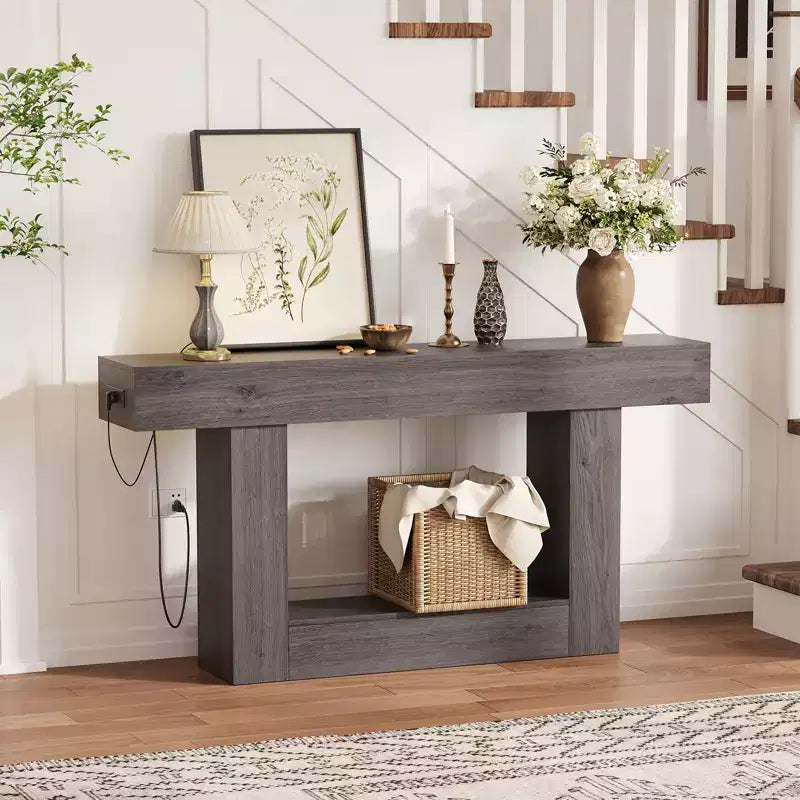 63 in Farmhouse Entryway Table with Storage & Charging Station, 2 Tier Narrow Console Table Behind Couch, Wooden Hallway Furniture for Entrance Foyer