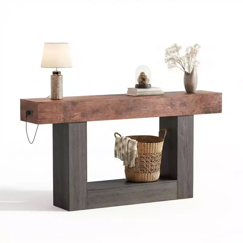 63 in Farmhouse Entryway Table with Storage & Charging Station, 2 Tier Narrow Console Table Behind Couch, Wooden Hallway Furniture for Entrance Foyer