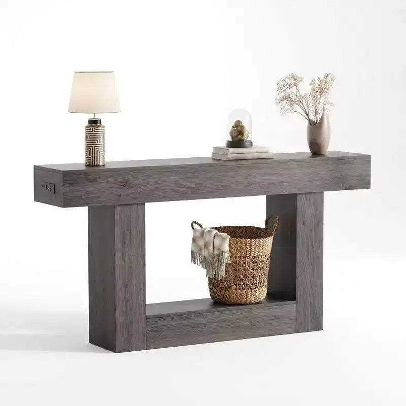 63 in Farmhouse Entryway Table with Storage & Charging Station, 2 Tier Narrow Console Table Behind Couch, Wooden Hallway Furniture for Entrance Foyer