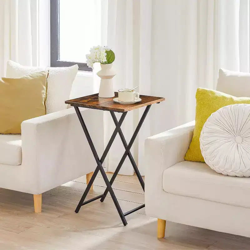 Folding TV Tray Table, Wooden Portable Sofa Side Table, Industrial Snack End Table for Small Spaces - Space-Saving, Easy Install & Fold