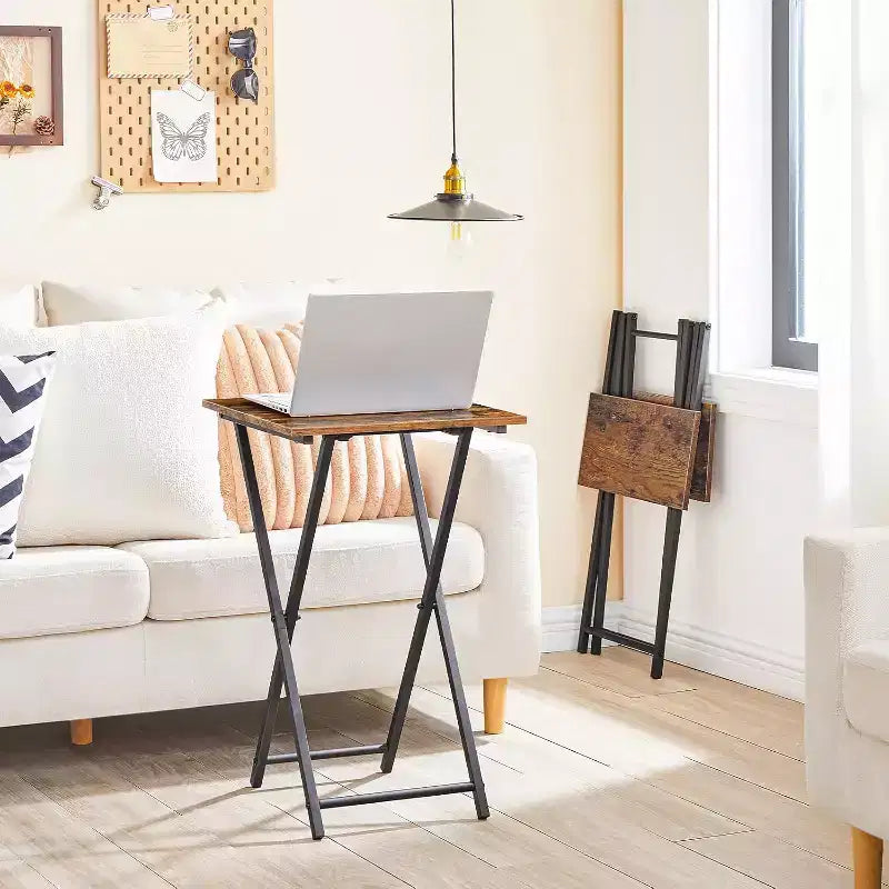 Folding TV Tray Table, Wooden Portable Sofa Side Table, Industrial Snack End Table for Small Spaces - Space-Saving, Easy Install & Fold