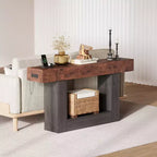 Console étroite à 2 niveaux de 160 cm avec station de charge, table de canapé en bois pour entrée, foyer ou salon, rangement derrière le canapé