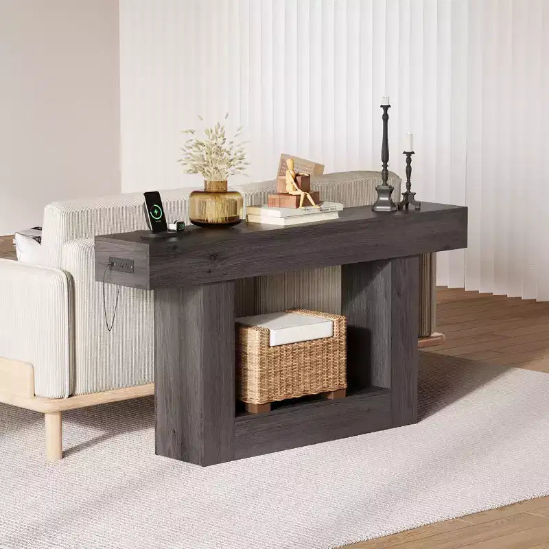 63 Narrow 2-Tier Console Table with Charging Station, Wooden Sofa Table for Entryway, Foyer, or Living Room, Behind Couch Storage