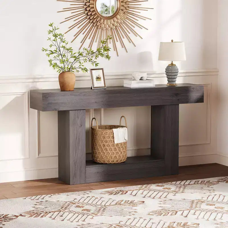 63 Narrow 2-Tier Console Table with Charging Station, Wooden Sofa Table for Entryway, Foyer, or Living Room, Behind Couch Storage